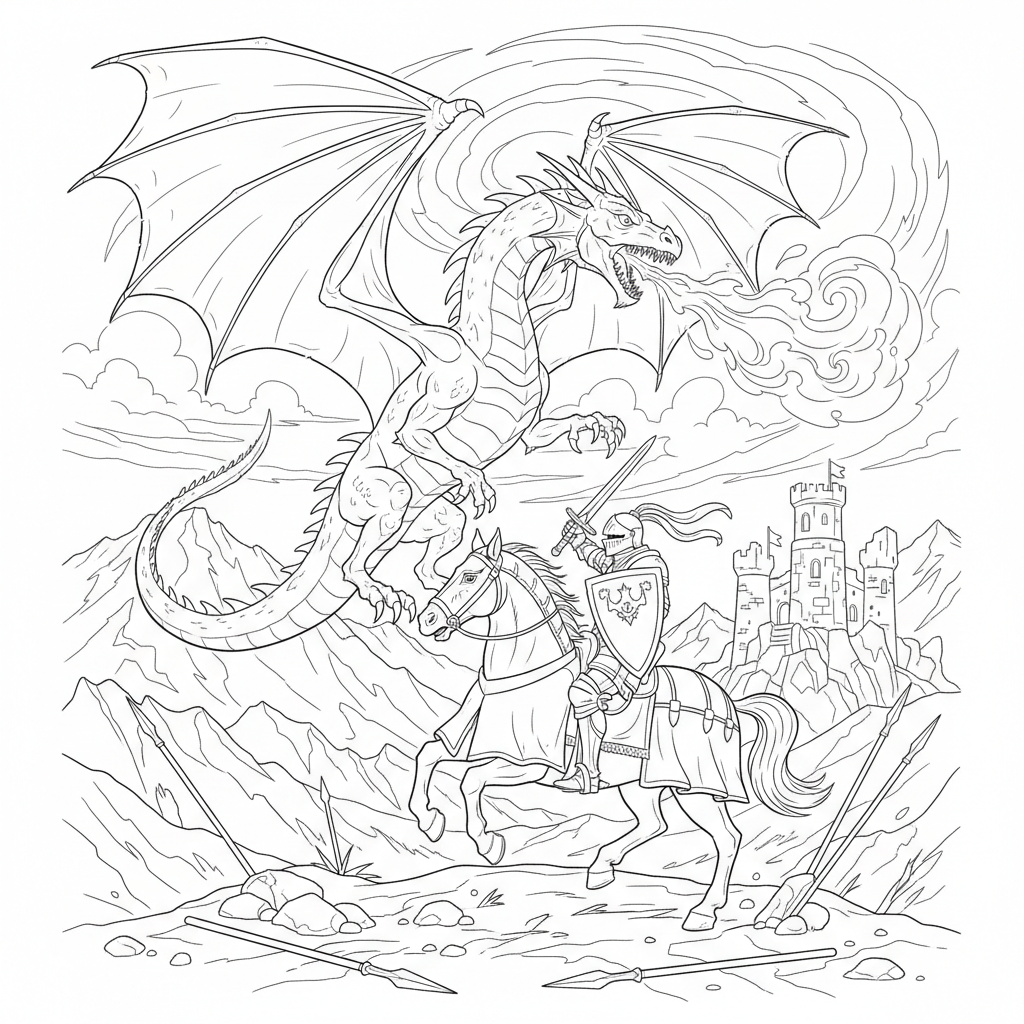 Dragon And Knight In Battle - Free Printable Coloring Page Dragon And Knight In Battle - Free Printable Coloring Page