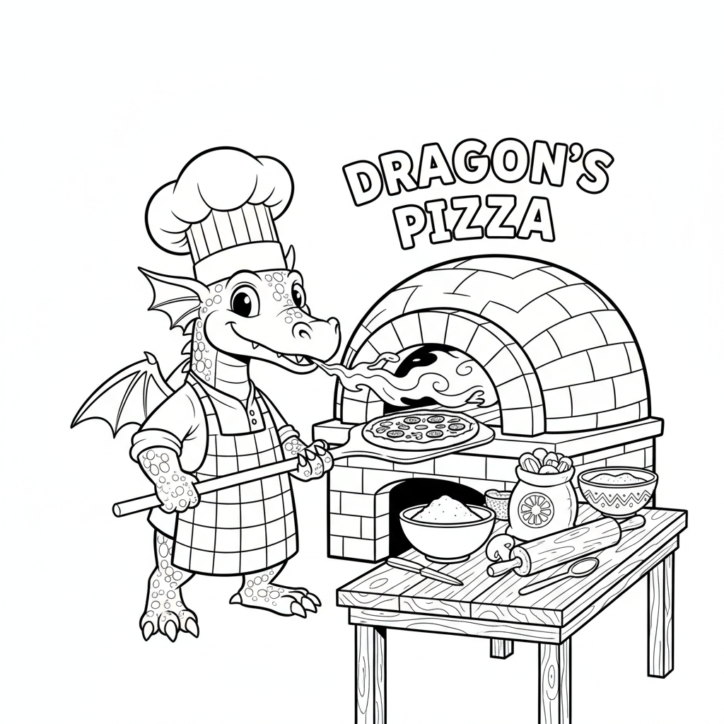 Un fornaio drago usa il soffio di fuoco per cuocere il forno per la pizza - Free Printable Coloring Page Un fornaio drago usa il soffio di fuoco per cuocere il forno per la pizza - Free Printable Coloring Page