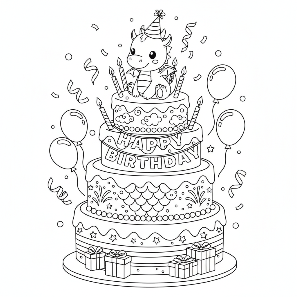 Dragon birthday party celebration cake - Free Printable Coloring Page Dragon birthday party celebration cake - Free Printable Coloring Page