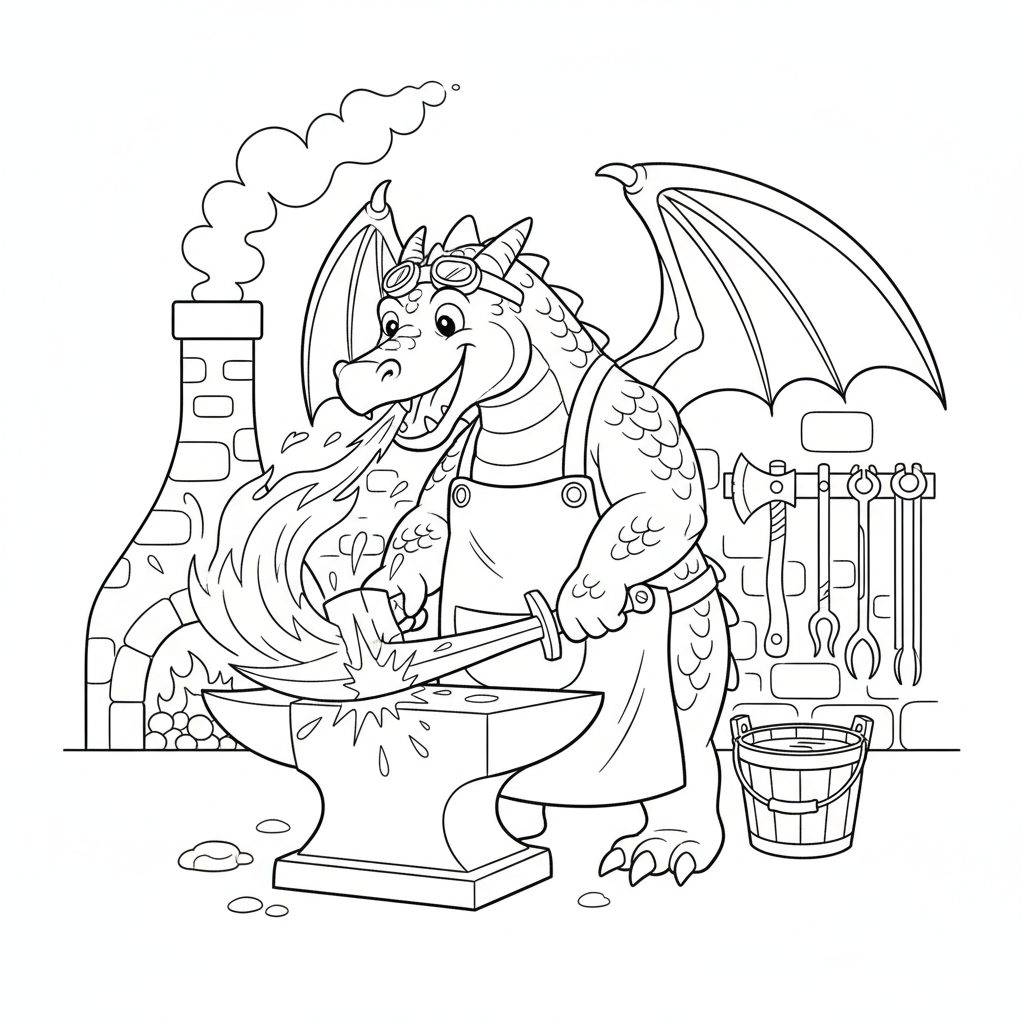 Fabbro drago che forgia una spada con un martello sputafuoco - Free Printable Coloring Page Fabbro drago che forgia una spada con un martello sputafuoco - Free Printable Coloring Page