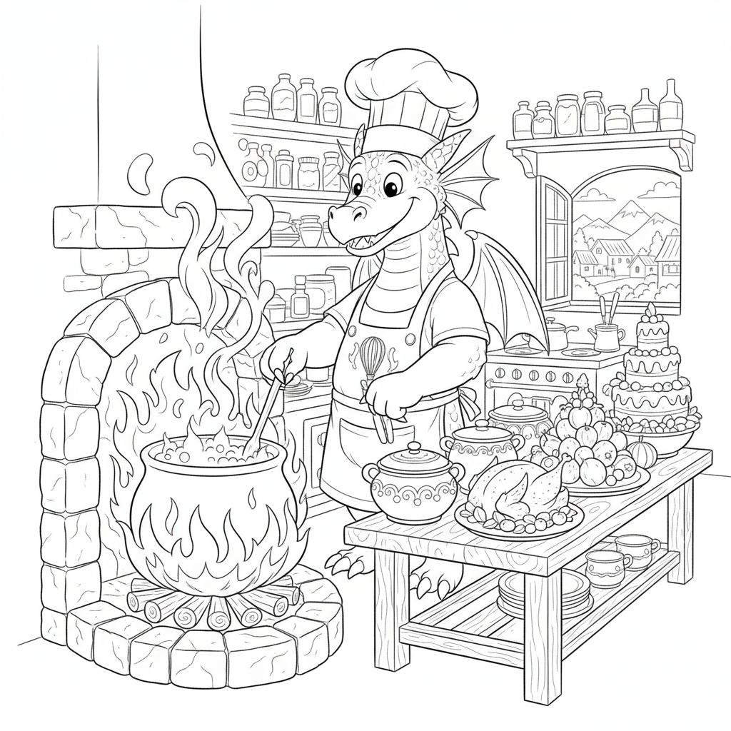 Dragon chef cooking feast kitchen fire - Free Printable Coloring Page Dragon chef cooking feast kitchen fire - Free Printable Coloring Page