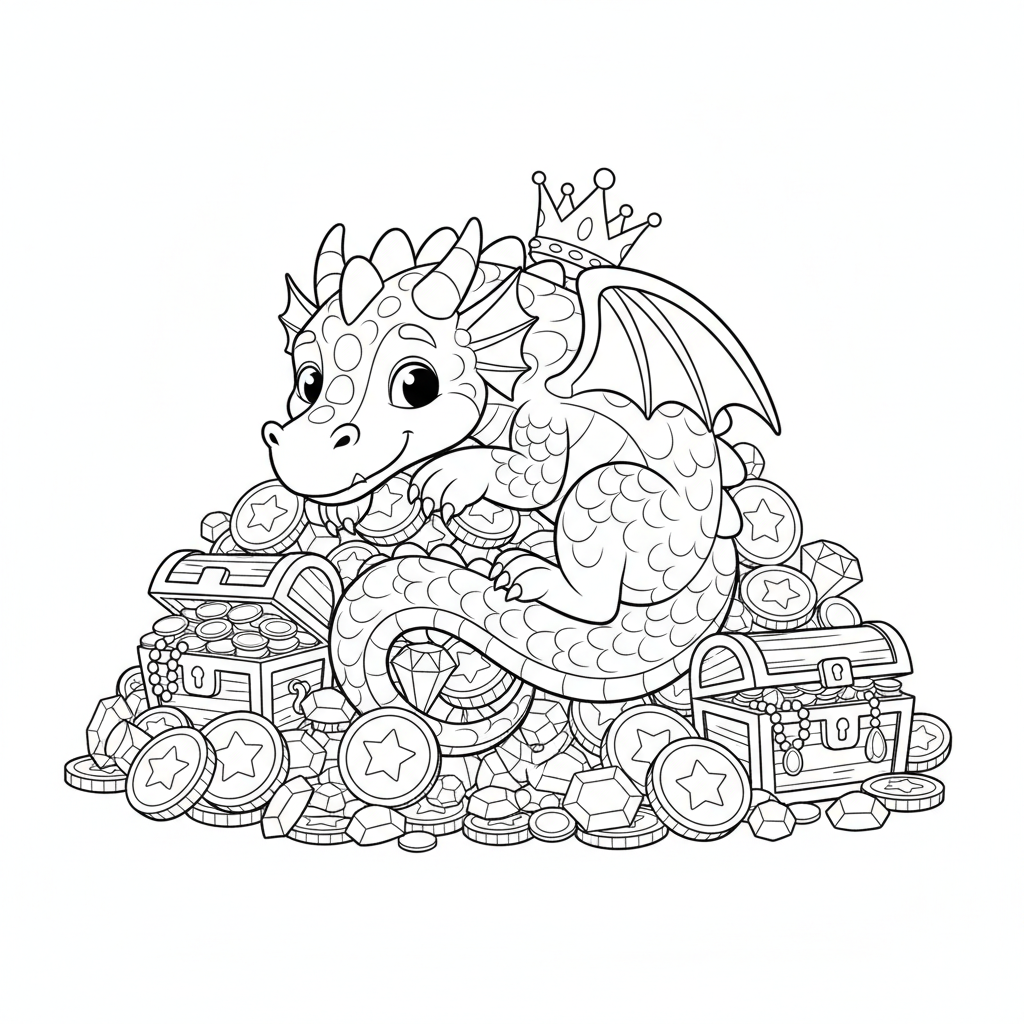 Drago avvolto attorno a un tesoro di monete d'oro e gioielli - Disegno da colorare gratuito