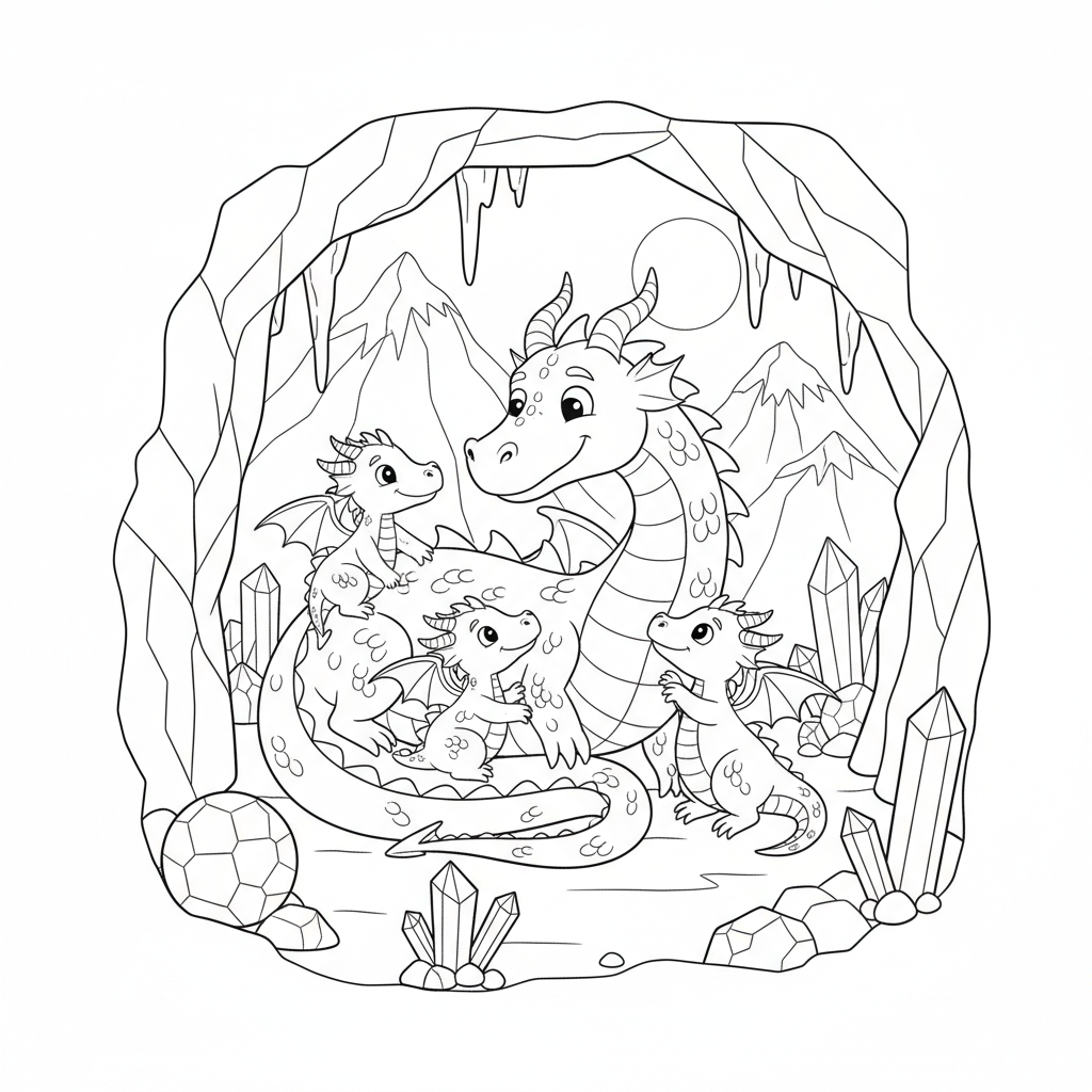 Madre e cuccioli di una famiglia di draghi in una grotta di montagna. - Disegno da colorare gratuito