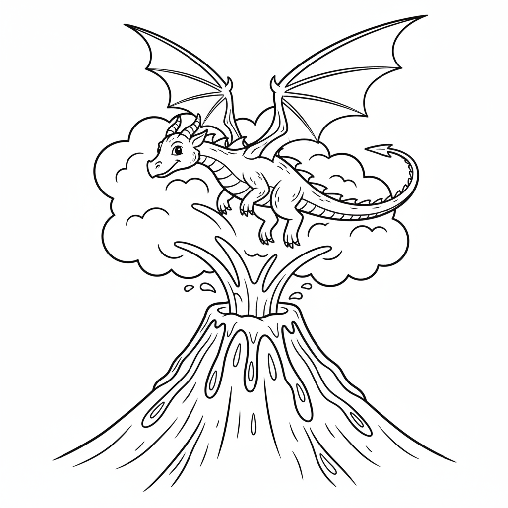 Drago che vola sopra una scena di lava incandescente di un vulcano in eruzione - Disegno da colorare gratuito Drago che vola sopra una scena di lava incandescente di un vulcano in eruzione - Disegno da colorare gratuito