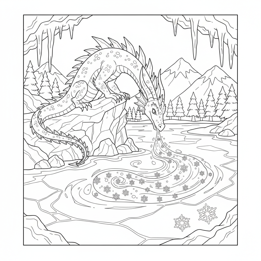 Drago tipo ghiaccio che respira brina sul lago ghiacciato - Free Printable Coloring Page Drago tipo ghiaccio che respira brina sul lago ghiacciato - Free Printable Coloring Page