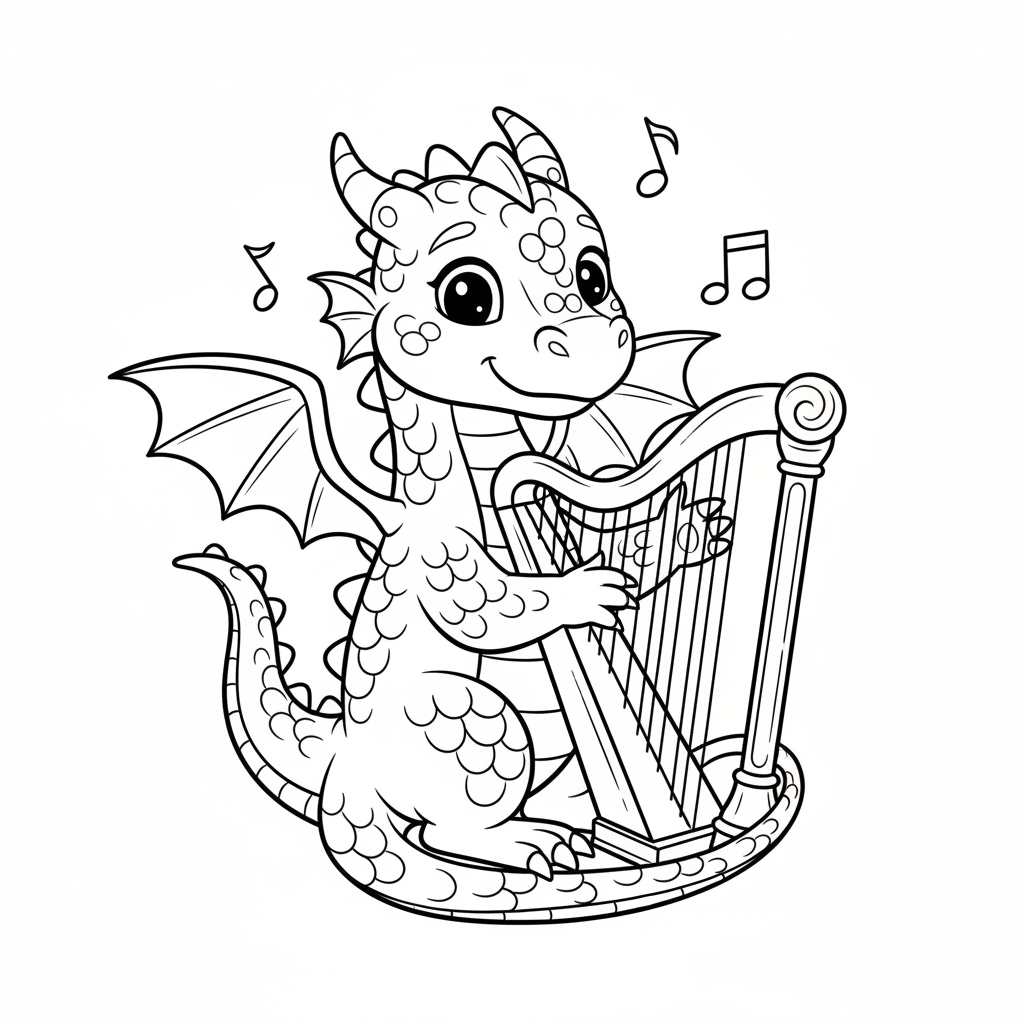 Dragon musician playing harp melodic - Free Printable Coloring Page Dragon musician playing harp melodic - Free Printable Coloring Page
