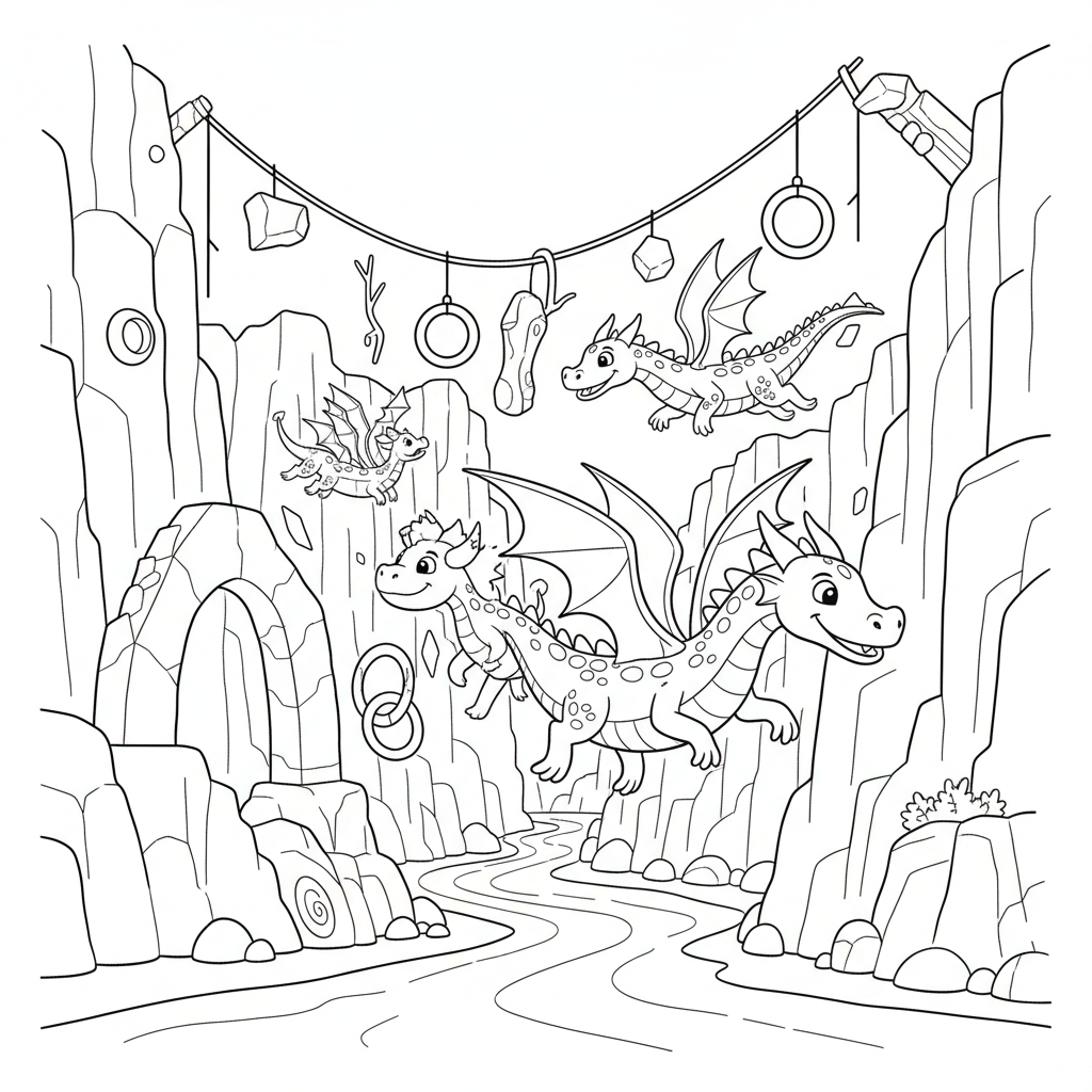 Dragon racing other dragons through canyon obstacle course - Free Printable Coloring Page Dragon racing other dragons through canyon obstacle course - Free Printable Coloring Page