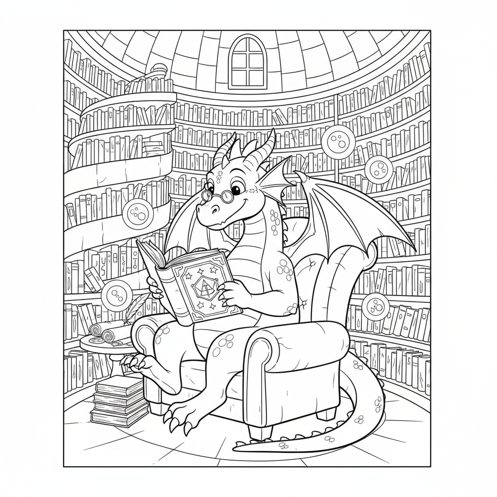 Drago che legge un libro di incantesimi nella biblioteca della torre, studiando - Disegno da colorare gratuito Drago che legge un libro di incantesimi nella biblioteca della torre, studiando - Disegno da colorare gratuito