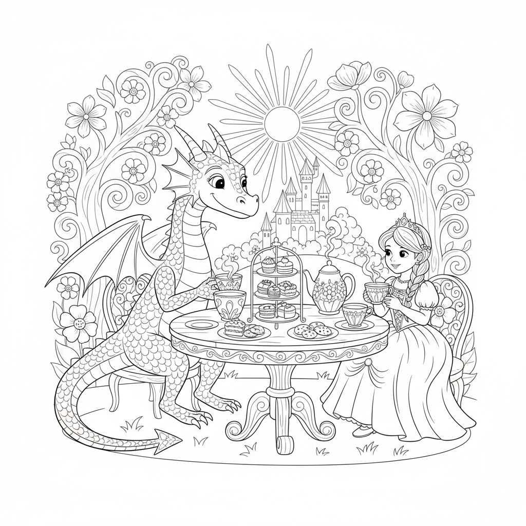 Drachen-Teeparty mit Prinzessin - Kostenloses druckbares Ausmalbild Drachen-Teeparty mit Prinzessin - Kostenloses druckbares Ausmalbild