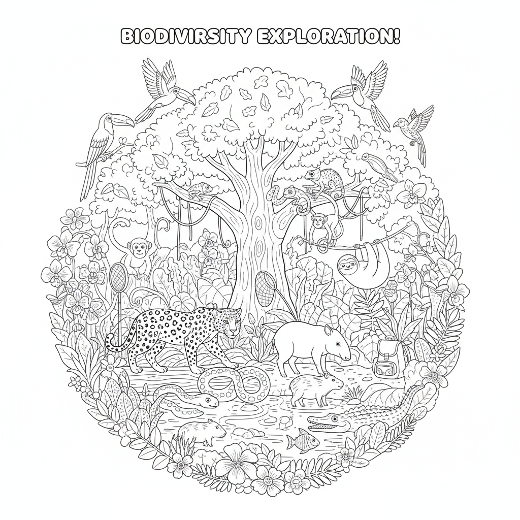 Biodiversitetsfokuserad scen som visar dussintals unika arter i ett litet regnskogsområde - Free Printable Coloring Page