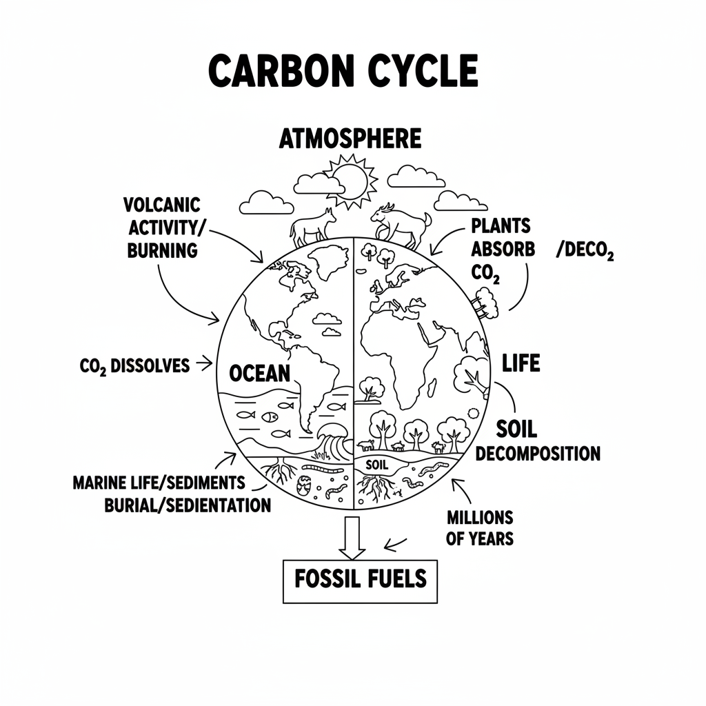 Diagram över kolcykeln som visar hur kol rör sig genom atmosfären, havet, jord och liv - Gratis utskrivbar målarbild
