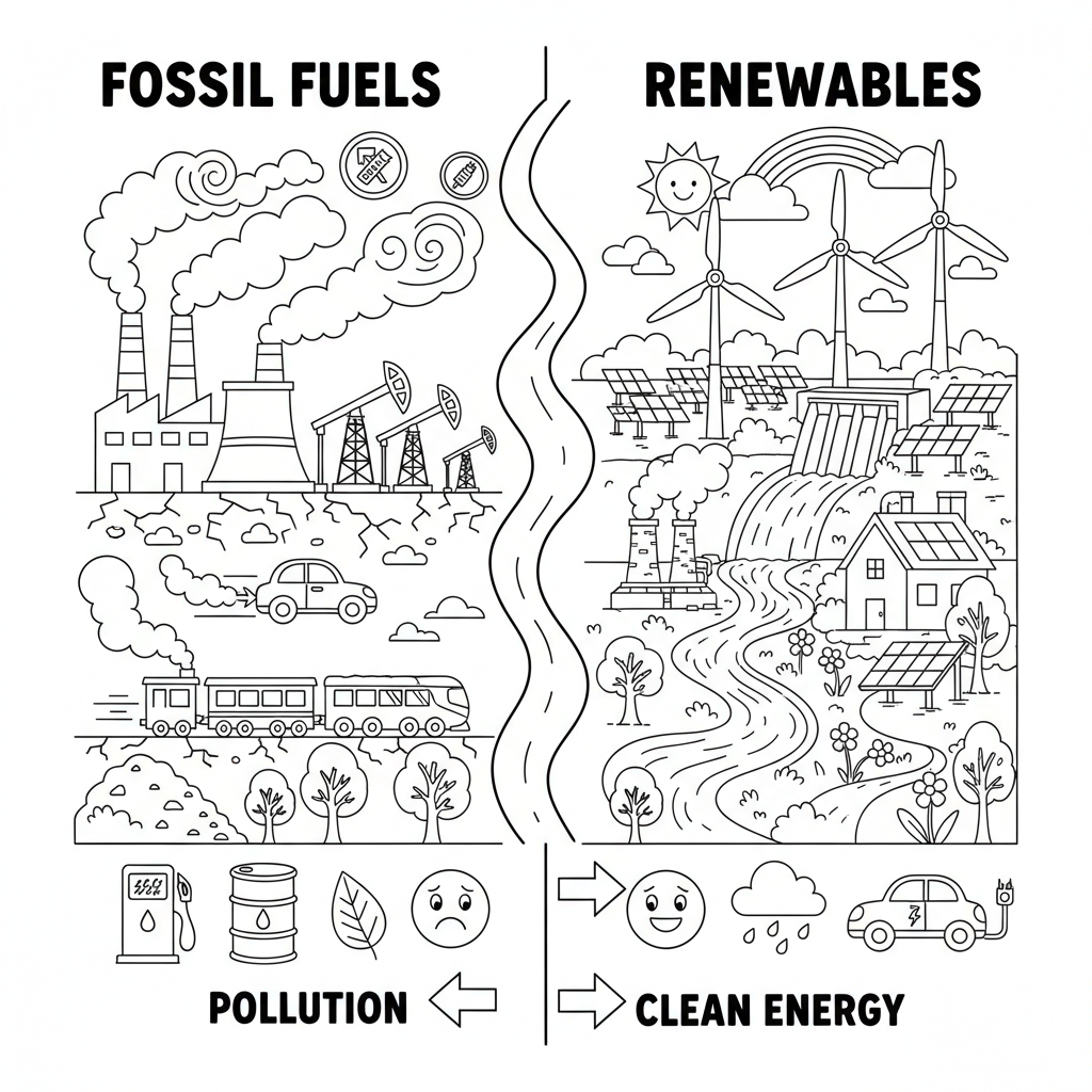 Jämförande energikällor som visar fossila bränslen kontra förnybara energikällor och deras effekter - Free Printable Coloring Page