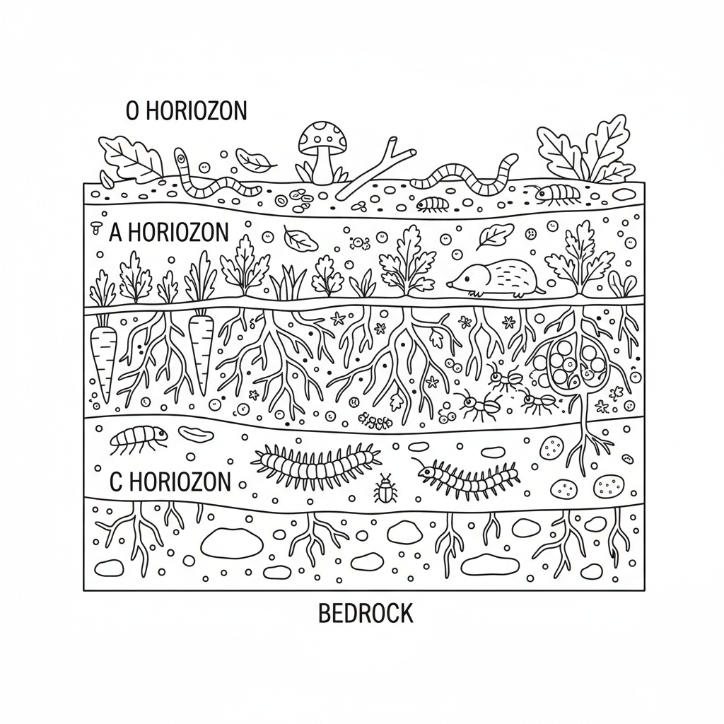 Sezione trasversale di strati di terreno sano che mostra la decomposizione degli organismi e gli apparati radicali - Disegno da colorare gratuito Sezione trasversale di strati di terreno sano che mostra la decomposizione degli organismi e gli apparati radicali - Disegno da colorare gratuito
