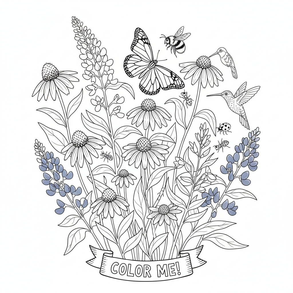Detailed botanical illustration of native wildflowers and their pollinator partners - Free Printable Coloring Page