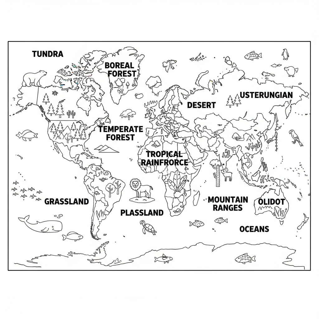 Detaljerad världskarta som visar viktiga biom från tundra till tropisk regnskog - Gratis utskrivbar målarbild Detaljerad världskarta som visar viktiga biom från tundra till tropisk regnskog - Gratis utskrivbar målarbild