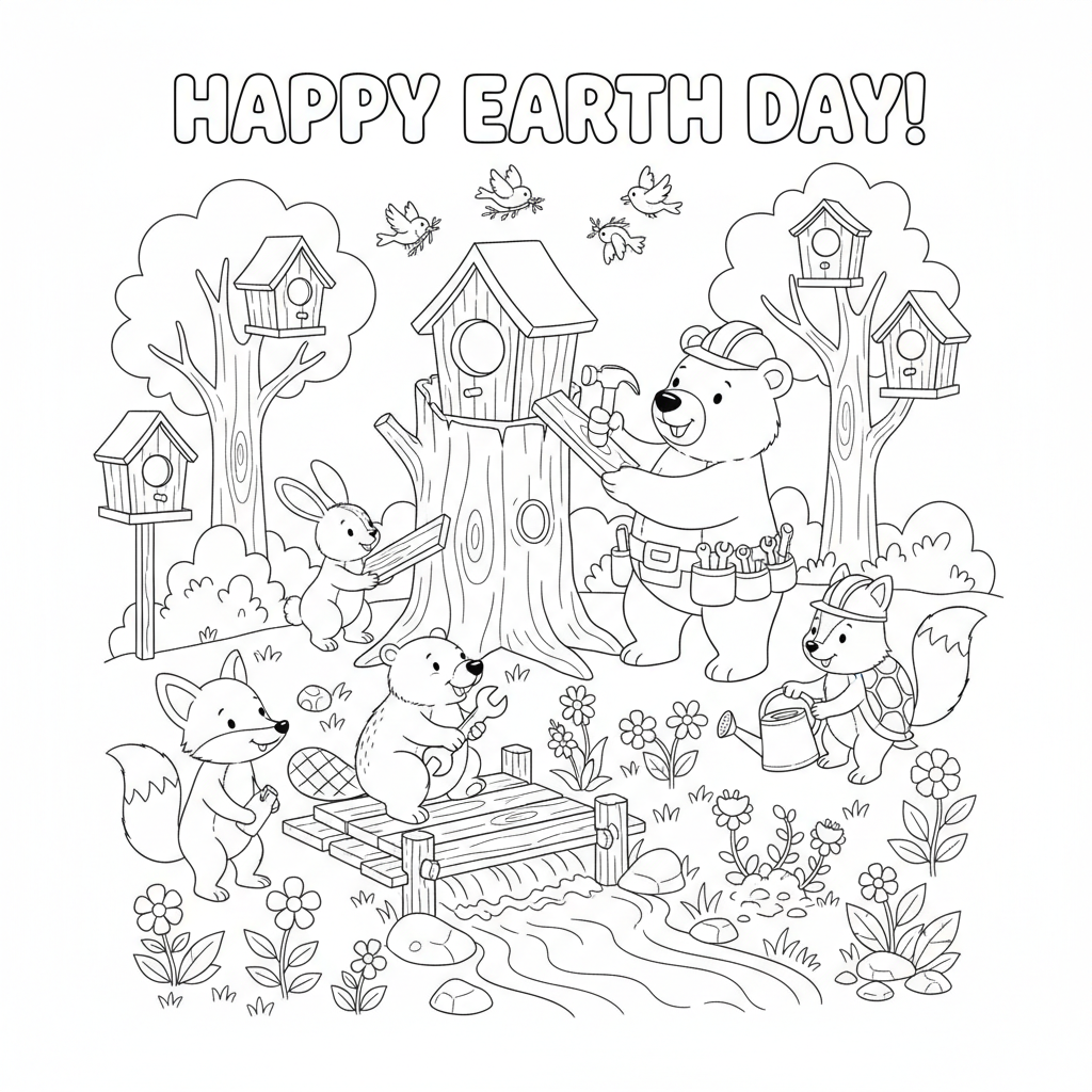 Earth day animal habitat restoration building birdhouses - Free Printable Coloring Page