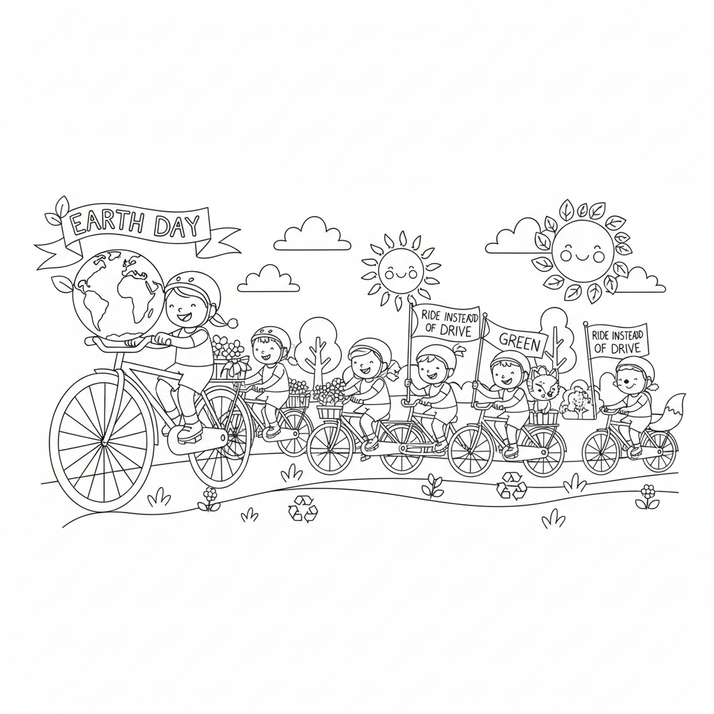 Op de fietsparade ter gelegenheid van Earth Day, fietsen in plaats van autorijden, groener - Gratis afdrukbare kleurplaat