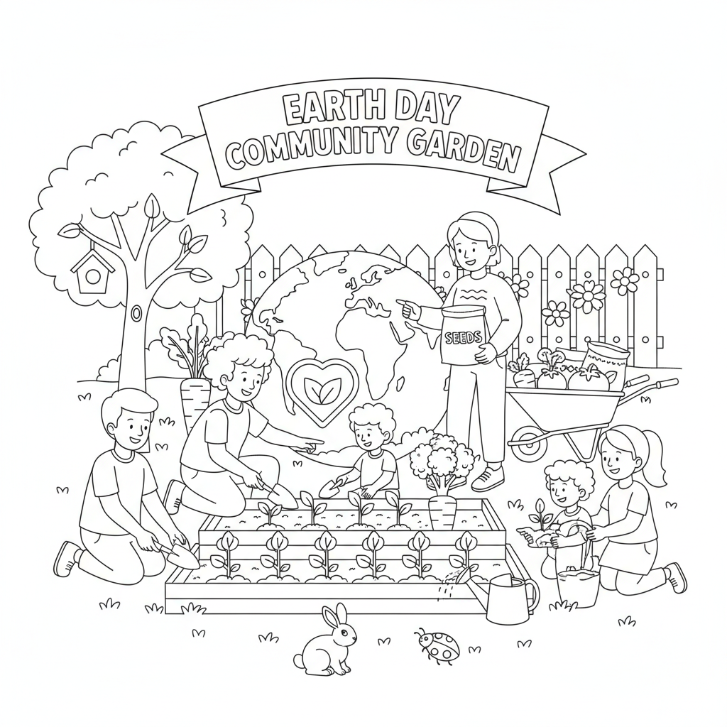 Earth day community garden volunteers planting vegetables - Free Printable Coloring Page