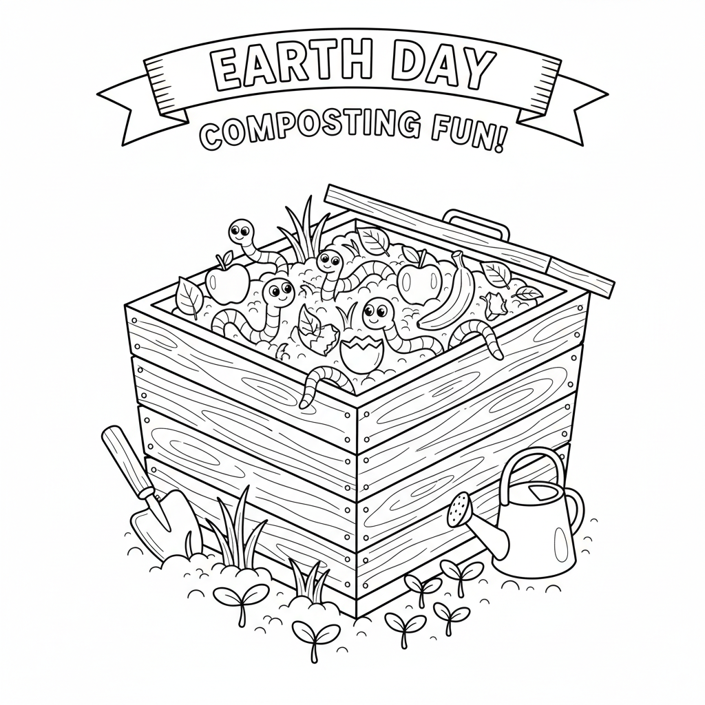 Earth day composting bin worms and organic matter garden - Free Printable Coloring Page