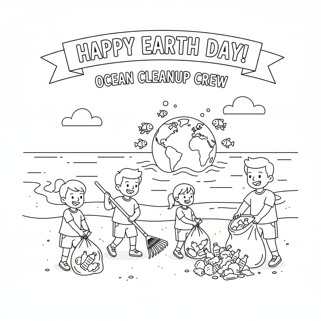 Opruimactie op Aarde ter ere van de oceaan: een team ruimt afvalzakken op van het strand. - Gratis afdrukbare kleurplaat