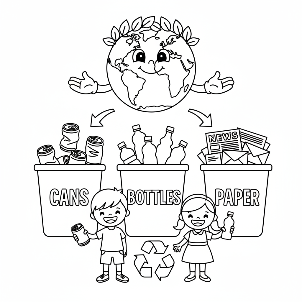 Earth day recycling center sorting bins cans bottles paper - Free Printable Coloring Page
