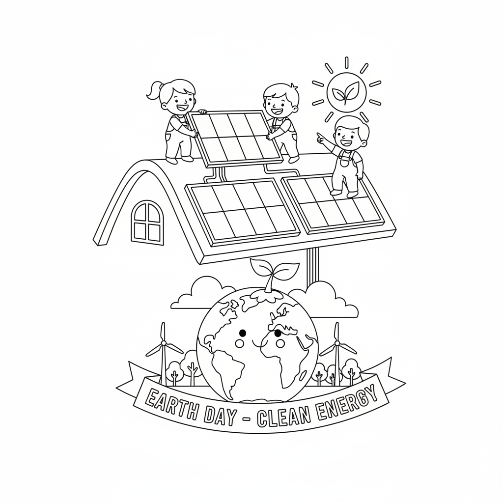 Earth day solar panel installation rooftop clean energy - Free Printable Coloring Page