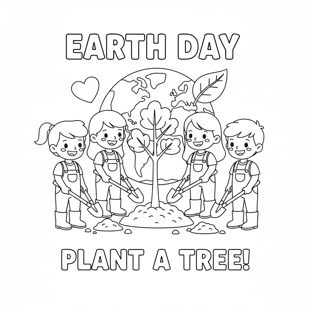 Earth day tree planting ceremony kids with shovels soil - Free Printable Coloring Page