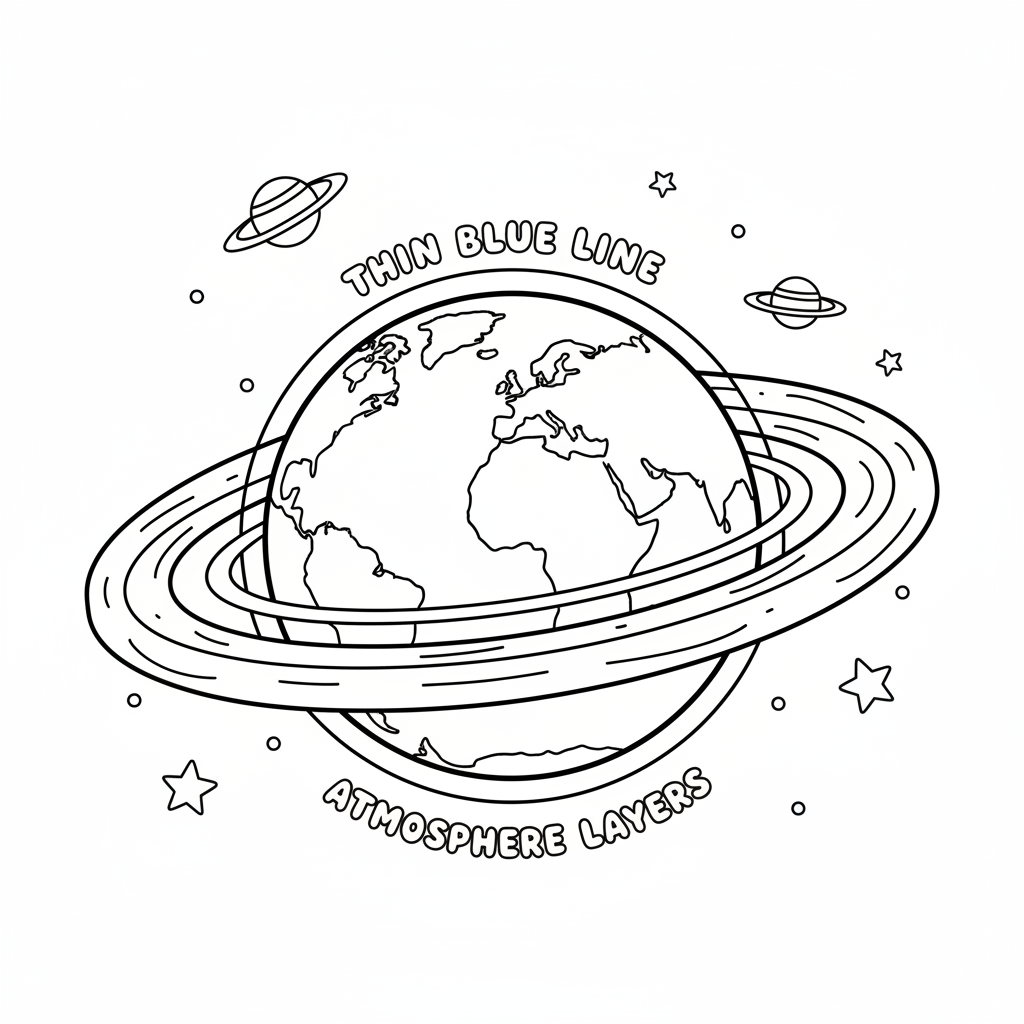 La Terre vue de l'espace, avec ses couches atmosphériques visibles et la fine ligne bleue de notre atmosphère. - Coloriage gratuit à imprimer