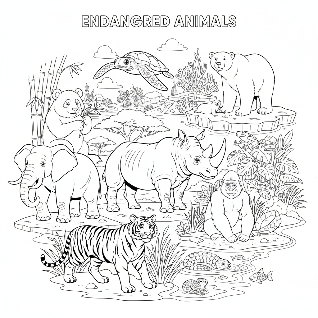 Collage d'espèces menacées montrant divers animaux vulnérables dans leurs habitats - Coloriage gratuit à imprimer