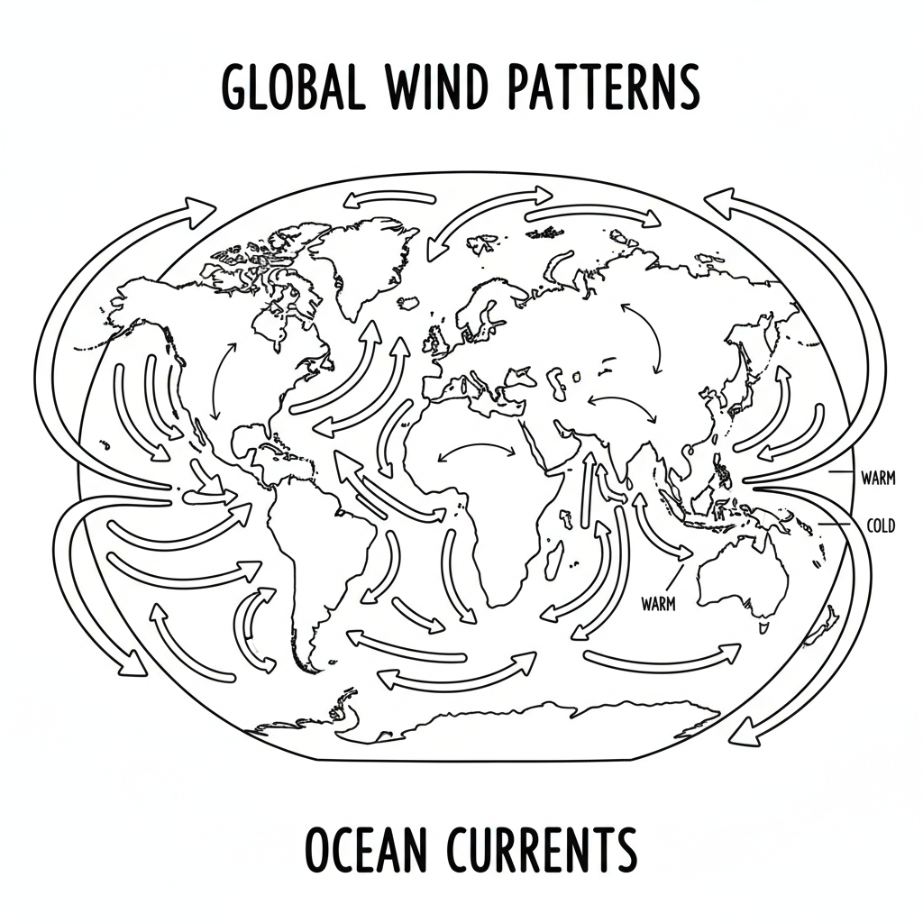 Global wind and ocean current patterns showing how they regulate Earth climate - Free Printable Coloring Page