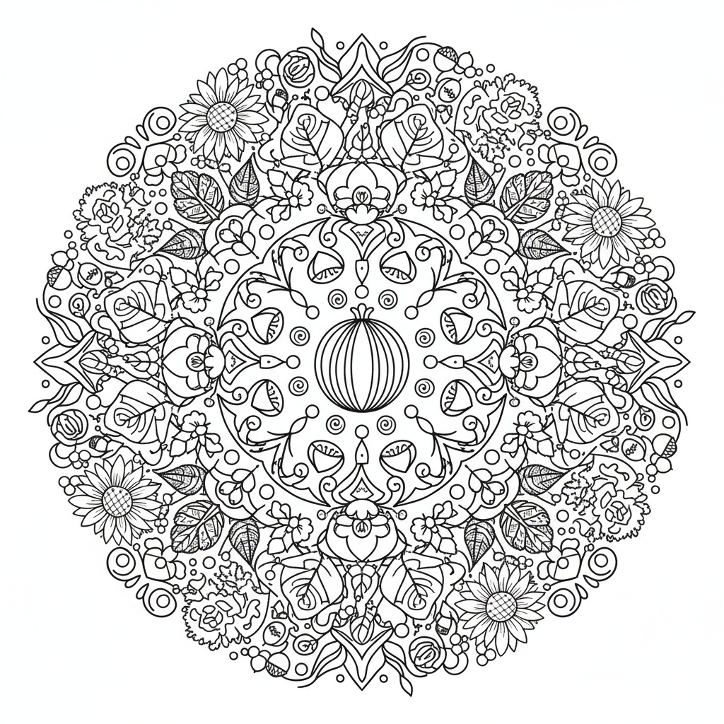 Invecklad mandala gjord helt av löv, blommor, frön och naturliga element - Gratis utskrivbar målarbild Invecklad mandala gjord helt av löv, blommor, frön och naturliga element - Gratis utskrivbar målarbild