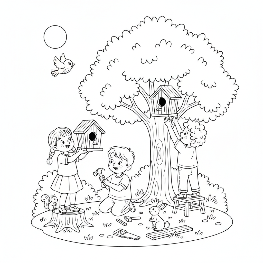 Kids building a birdhouse and hanging it in a tree for wildlife - Free Printable Coloring Page Kids building a birdhouse and hanging it in a tree for wildlife - Free Printable Coloring Page