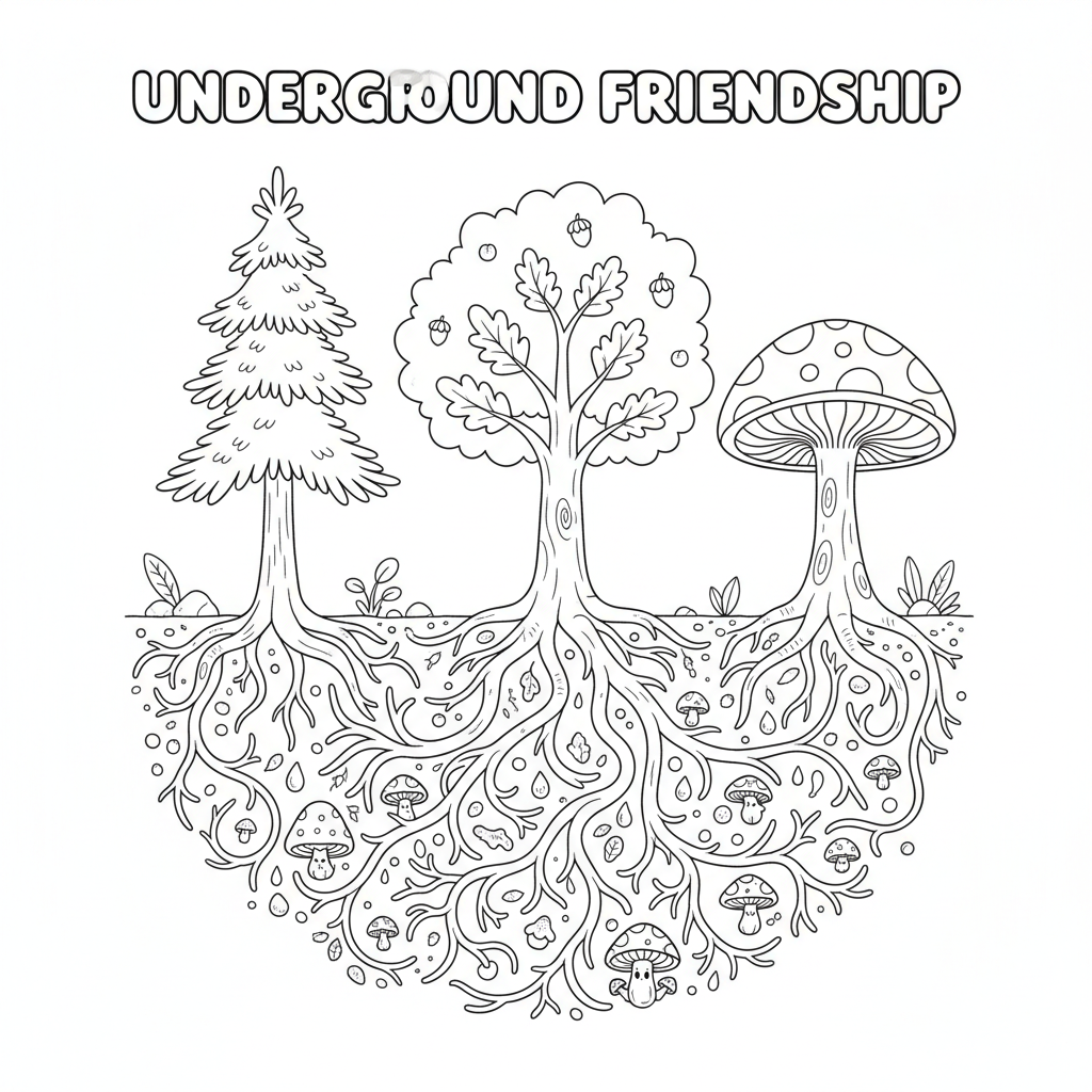 Illustration av mykorrhizanätverk som visar hur svampar förbinder träd under jord i en skog - Free Printable Coloring Page