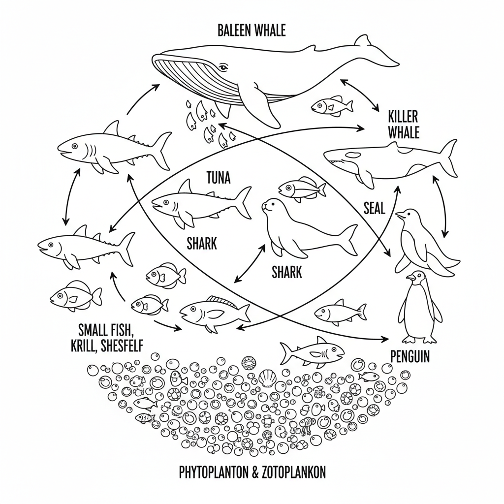 Ocean food web from phytoplankton to whales showing interconnected relationships - Free Printable Coloring Page