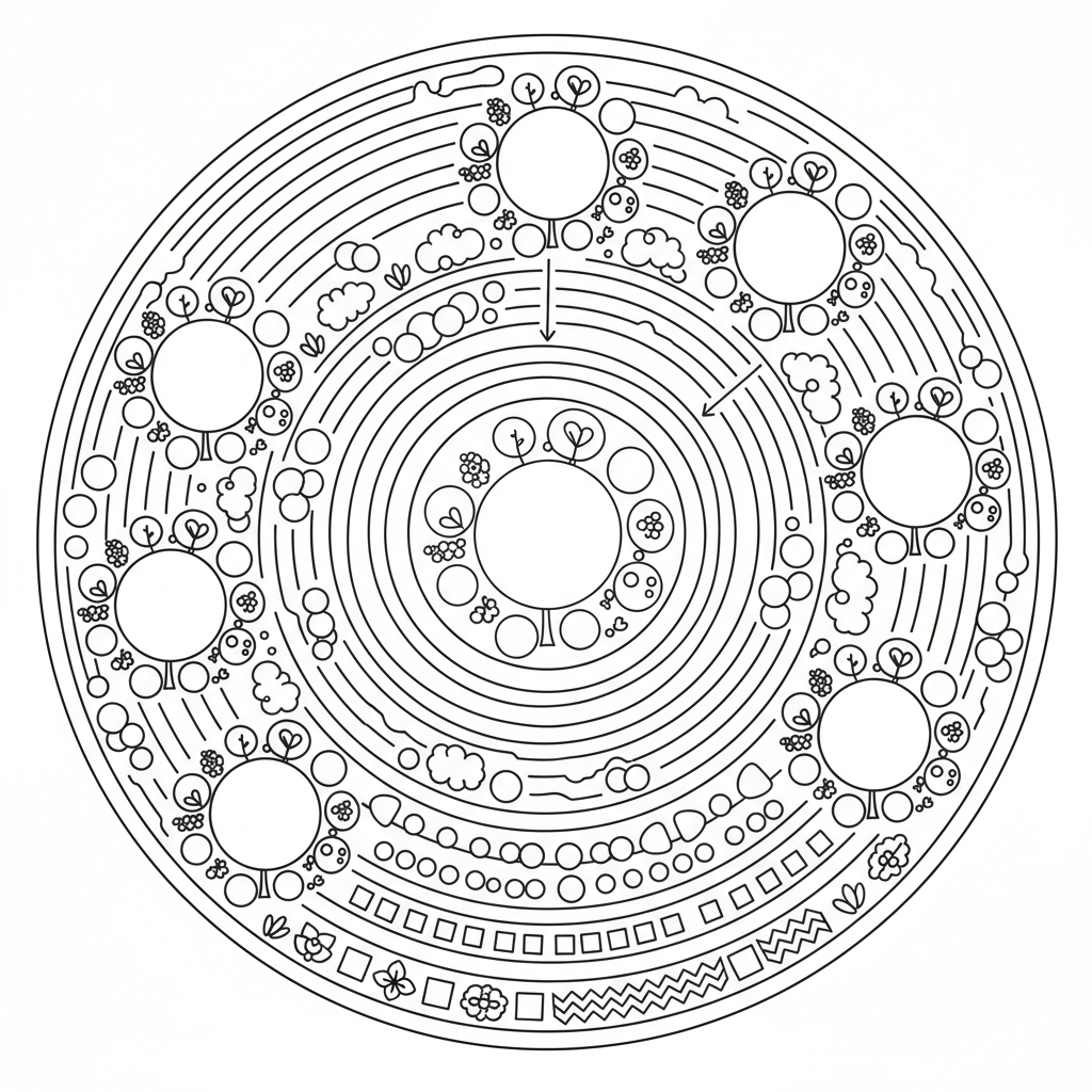 Permakulturträdgårdsdesign ovanifrån som visar matskogsgille, svallar och följeslagna planteringar - Free Printable Coloring Page