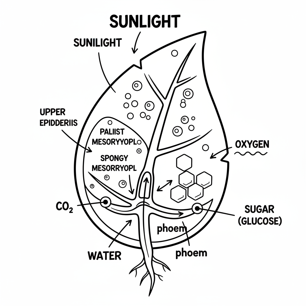 Fotosyntesprocessdiagram inuti ett detaljerat bladtvärsnitt - Gratis utskrivbar målarbild Fotosyntesprocessdiagram inuti ett detaljerat bladtvärsnitt - Gratis utskrivbar målarbild