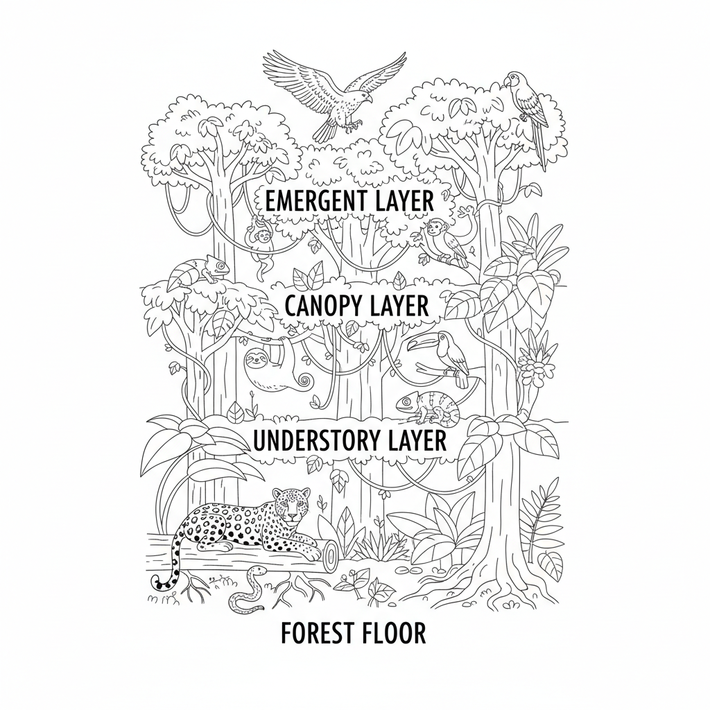 Rainforest canopy layers from forest floor to emergent layer with animals at each level - Free Printable Coloring Page