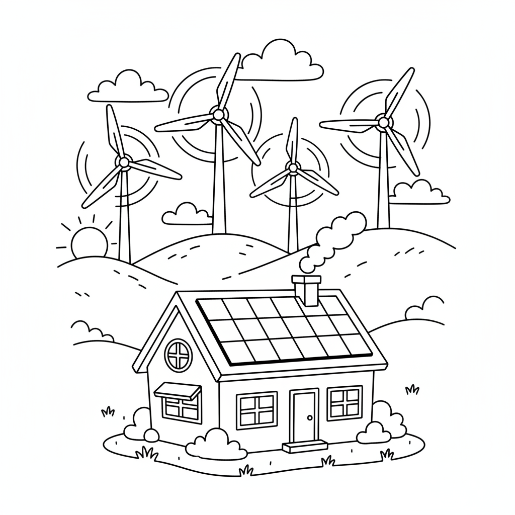Solar panel roof on a house with wind turbines on hills behind - Free Printable Coloring Page Solar panel roof on a house with wind turbines on hills behind - Free Printable Coloring Page