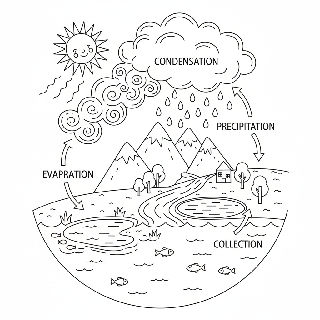 Vattnets kretsloppsillustration som visar avdunstning, kondens, utfällning och uppsamling med detaljer - Gratis utskrivbar målarbild Vattnets kretsloppsillustration som visar avdunstning, kondens, utfällning och uppsamling med detaljer - Gratis utskrivbar målarbild