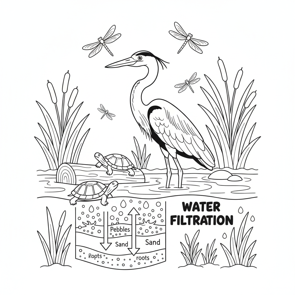 Écosystème de zone humide avec hérons, tortues, libellules, quenouilles et filtration de l'eau (illustration) - Coloriage gratuit à imprimer Écosystème de zone humide avec hérons, tortues, libellules, quenouilles et filtration de l'eau (illustration) - Coloriage gratuit à imprimer