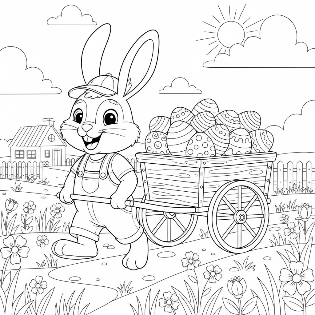 Conejito repartiendo huevos en un carro - Página para colorear gratis