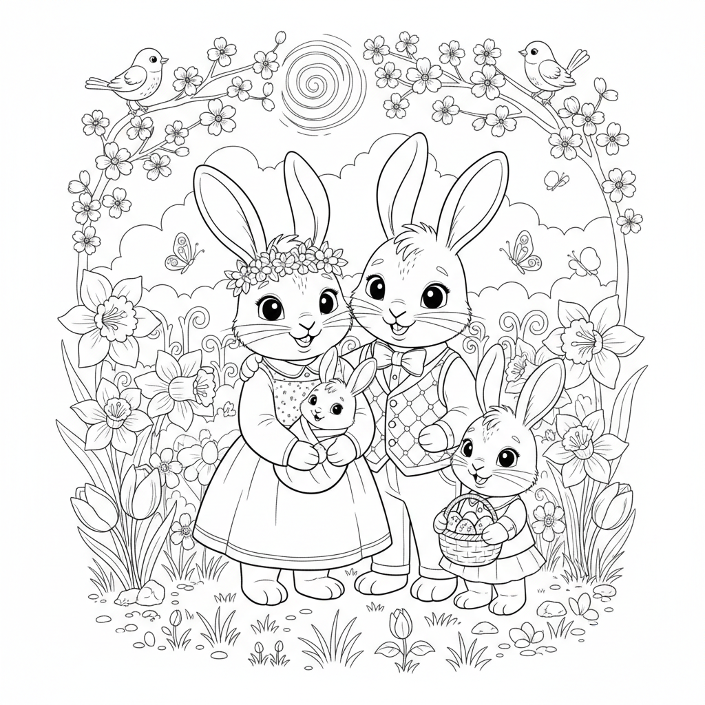 Bunny Family Spring Portrait - Free Printable Coloring Page Bunny Family Spring Portrait - Free Printable Coloring Page