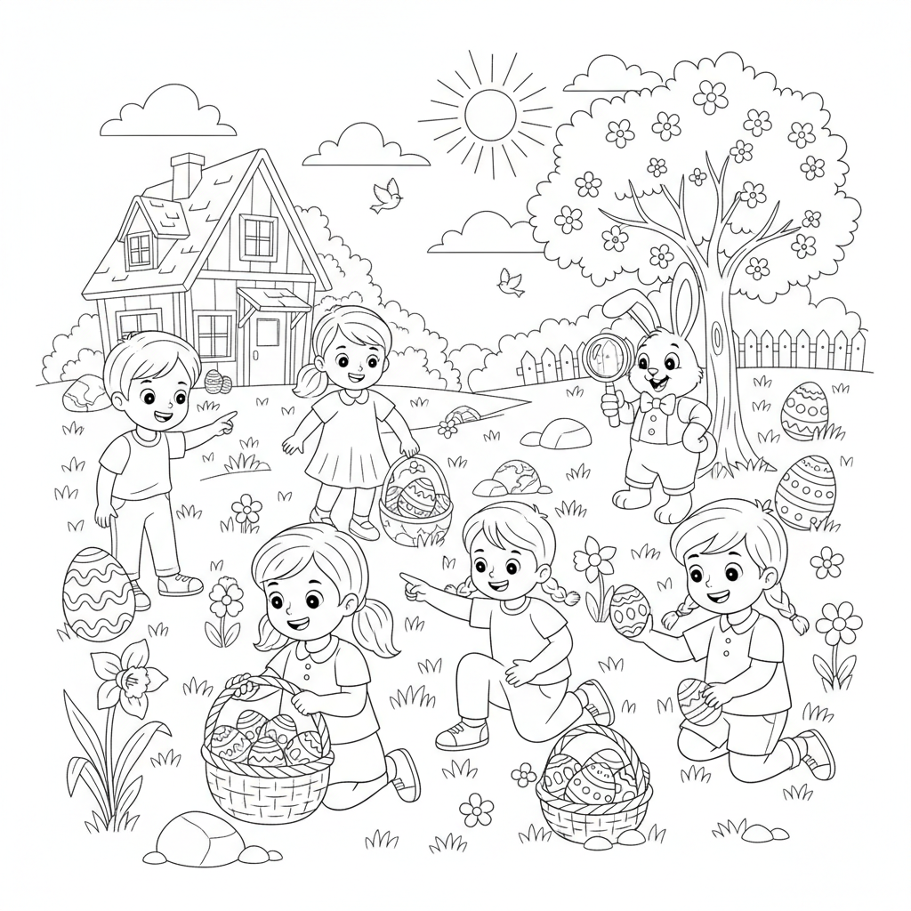 Children On Easter Egg Hunt Coloring Page - Free Printable