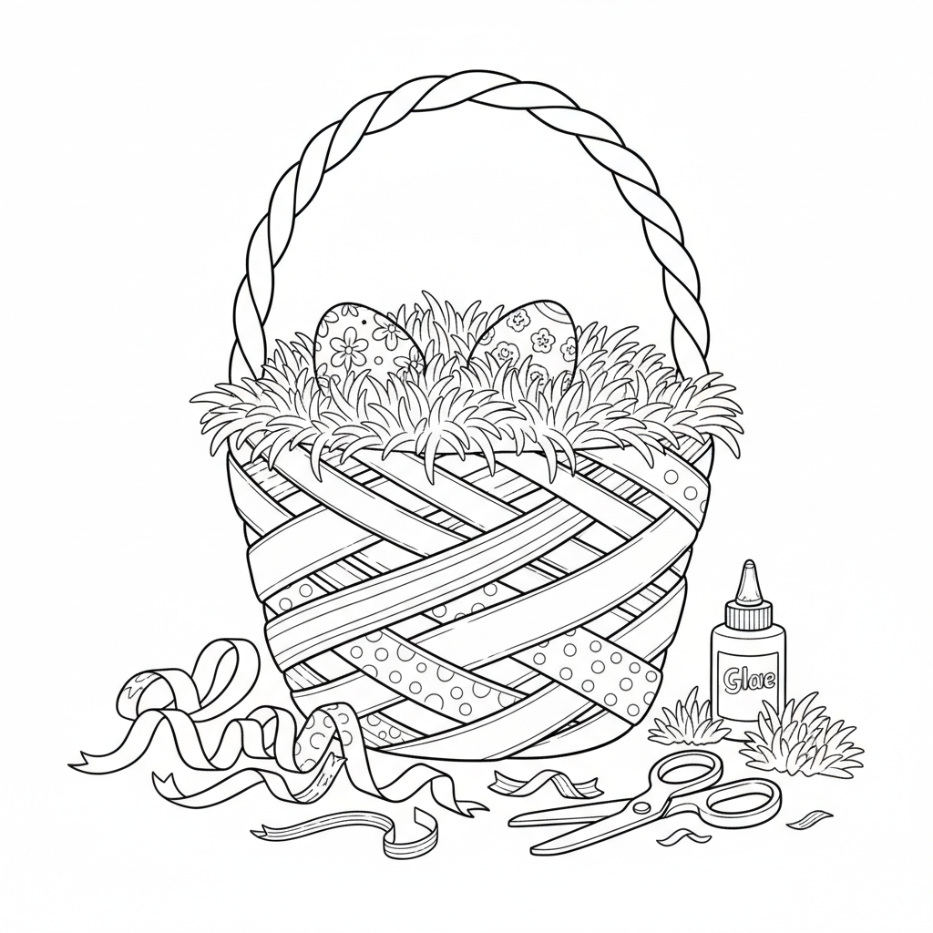 Projet de bricolage : tressage de paniers de Pâques avec rubans et herbe - Coloriage gratuit à imprimer