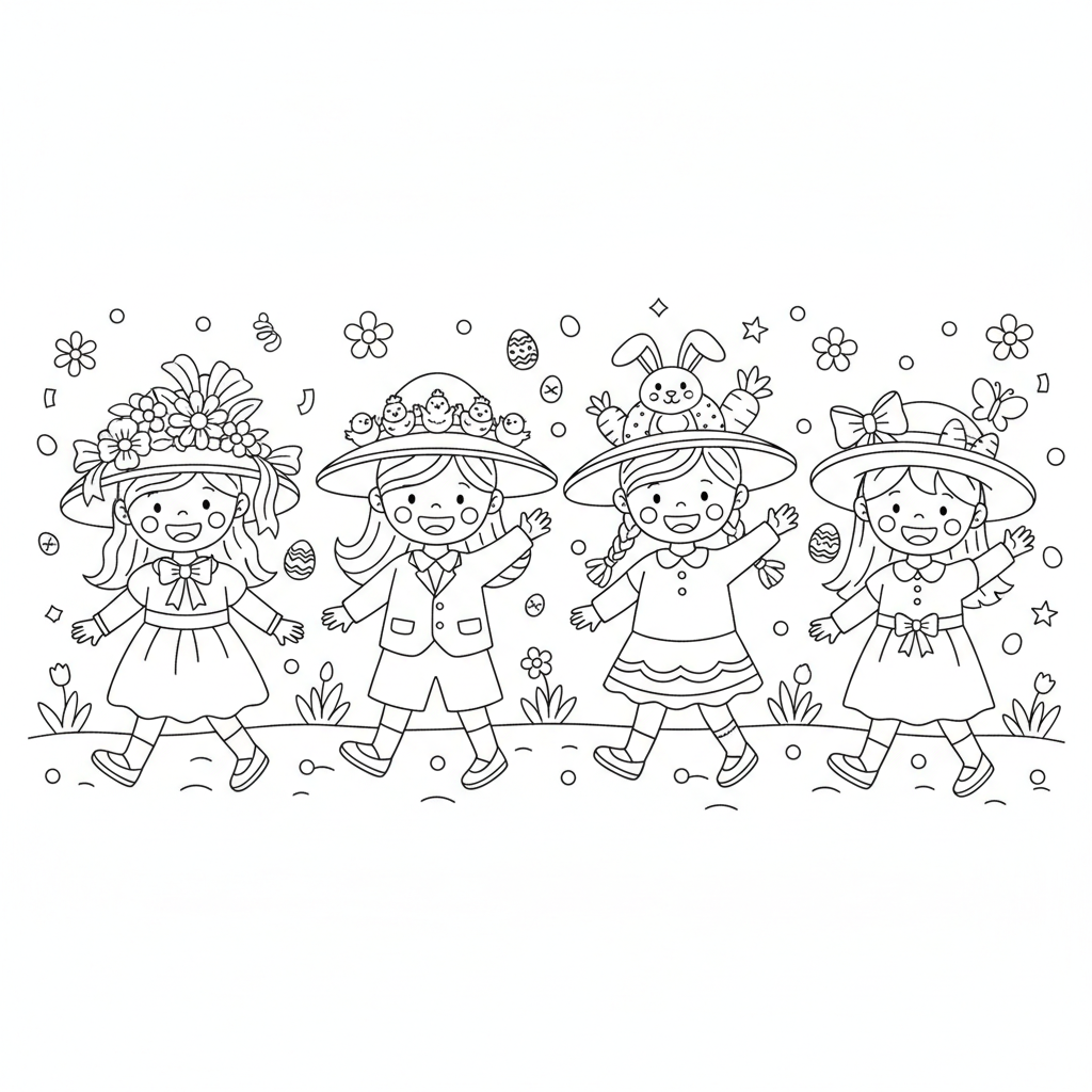 Défilé de chapeaux de Pâques pour enfants portant des chapeaux décorés - Coloriage gratuit à imprimer