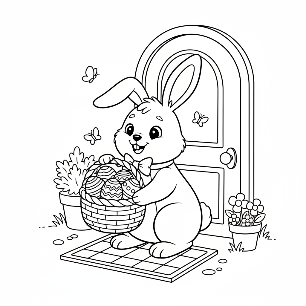 Påskharen levererar en korg med ägg till dörren - Gratis utskrivbar målarbild Påskharen levererar en korg med ägg till dörren - Gratis utskrivbar målarbild