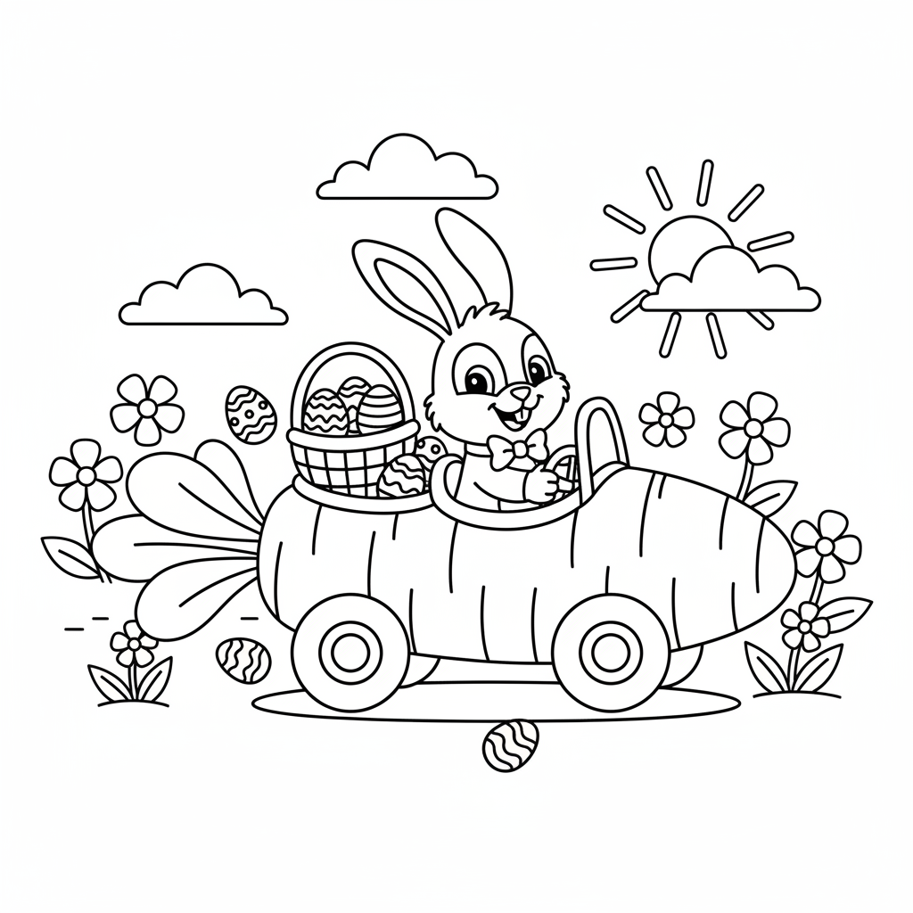 Le lapin de Pâques conduit une voiture en forme de carotte pour livrer des œufs - Free Printable Coloring Page Le lapin de Pâques conduit une voiture en forme de carotte pour livrer des œufs - Free Printable Coloring Page