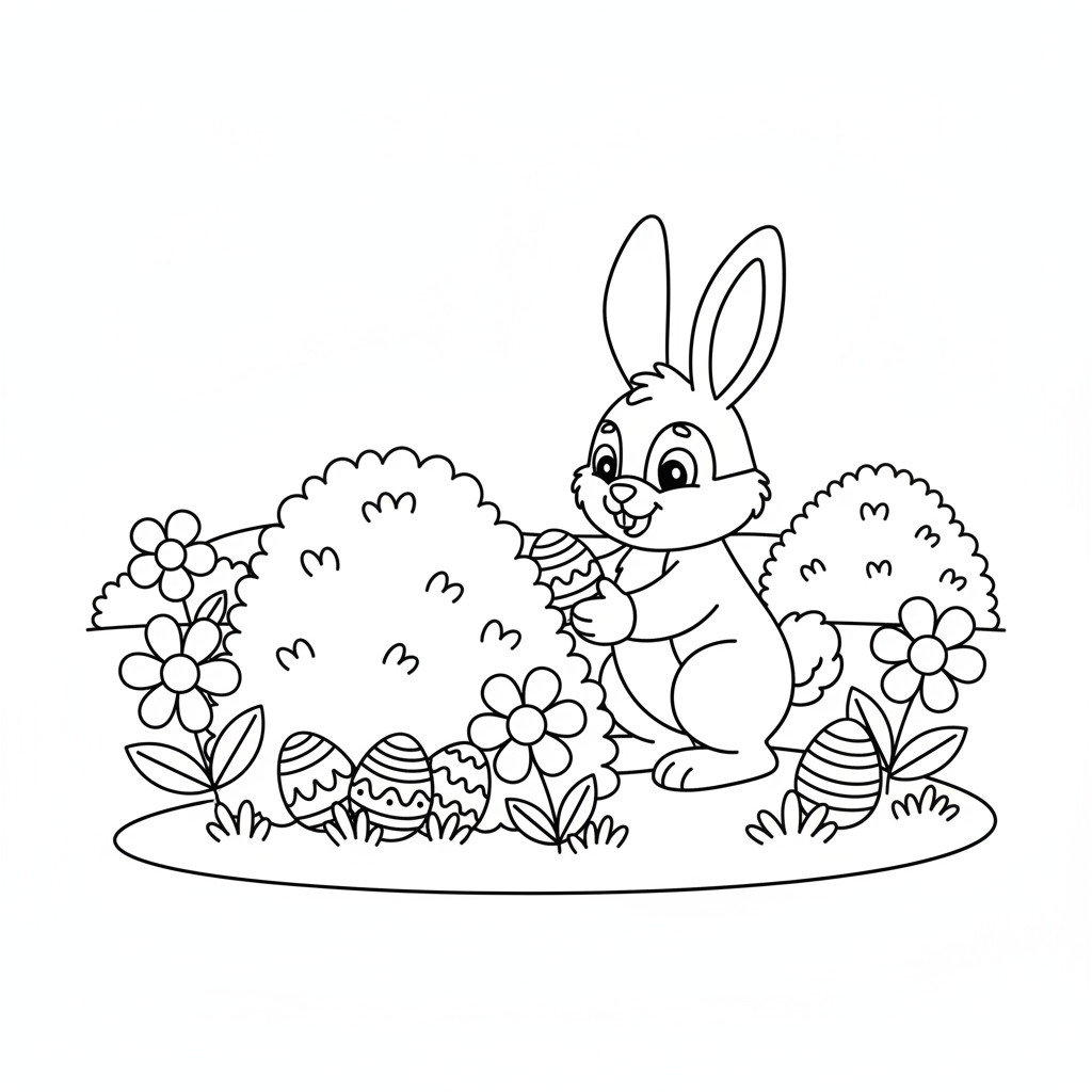 Le lapin de Pâques cache des œufs derrière les buissons et les fleurs - Coloriage gratuit à imprimer