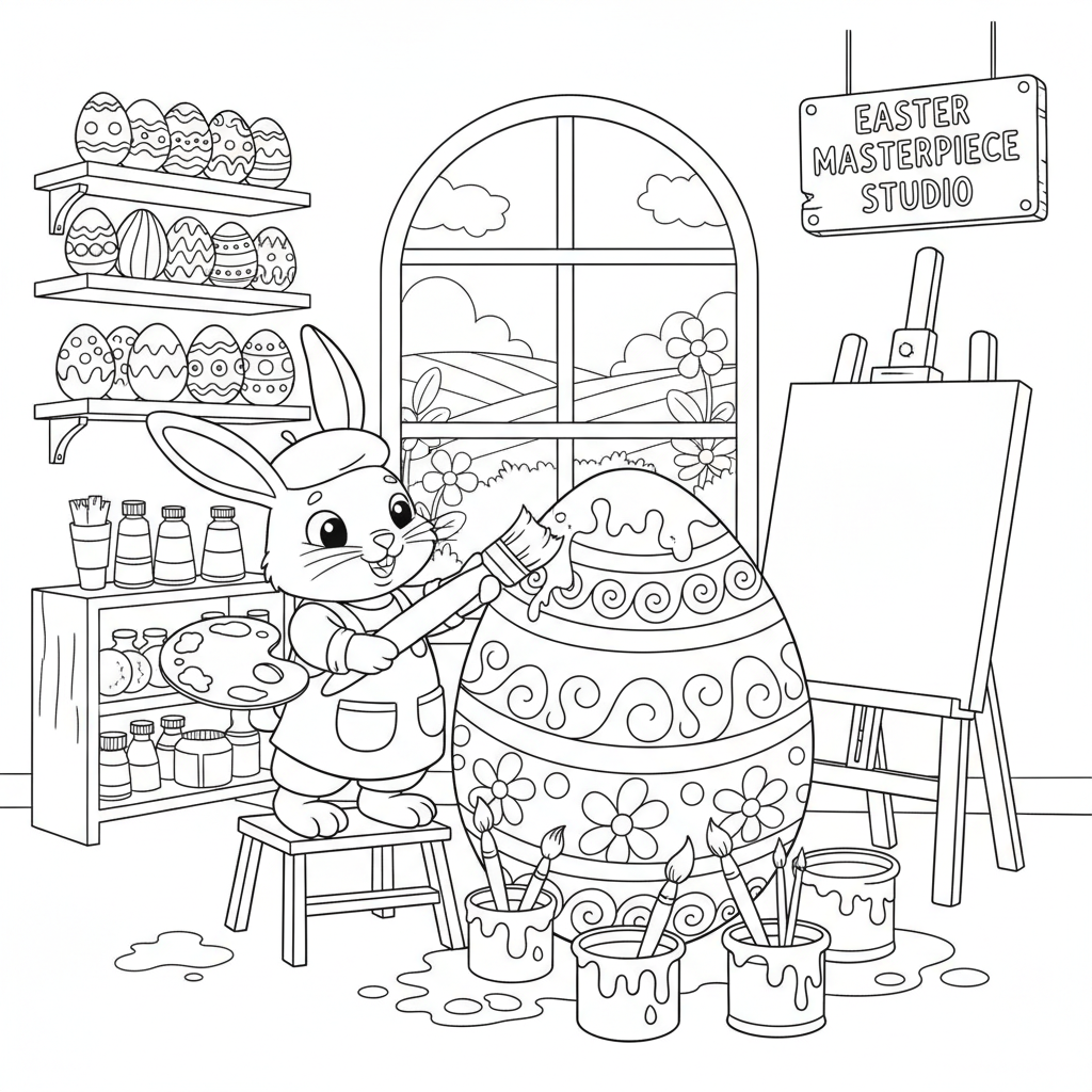 atelier d'art d'œufs géants peints par un lapin de Pâques - Coloriage gratuit à imprimer