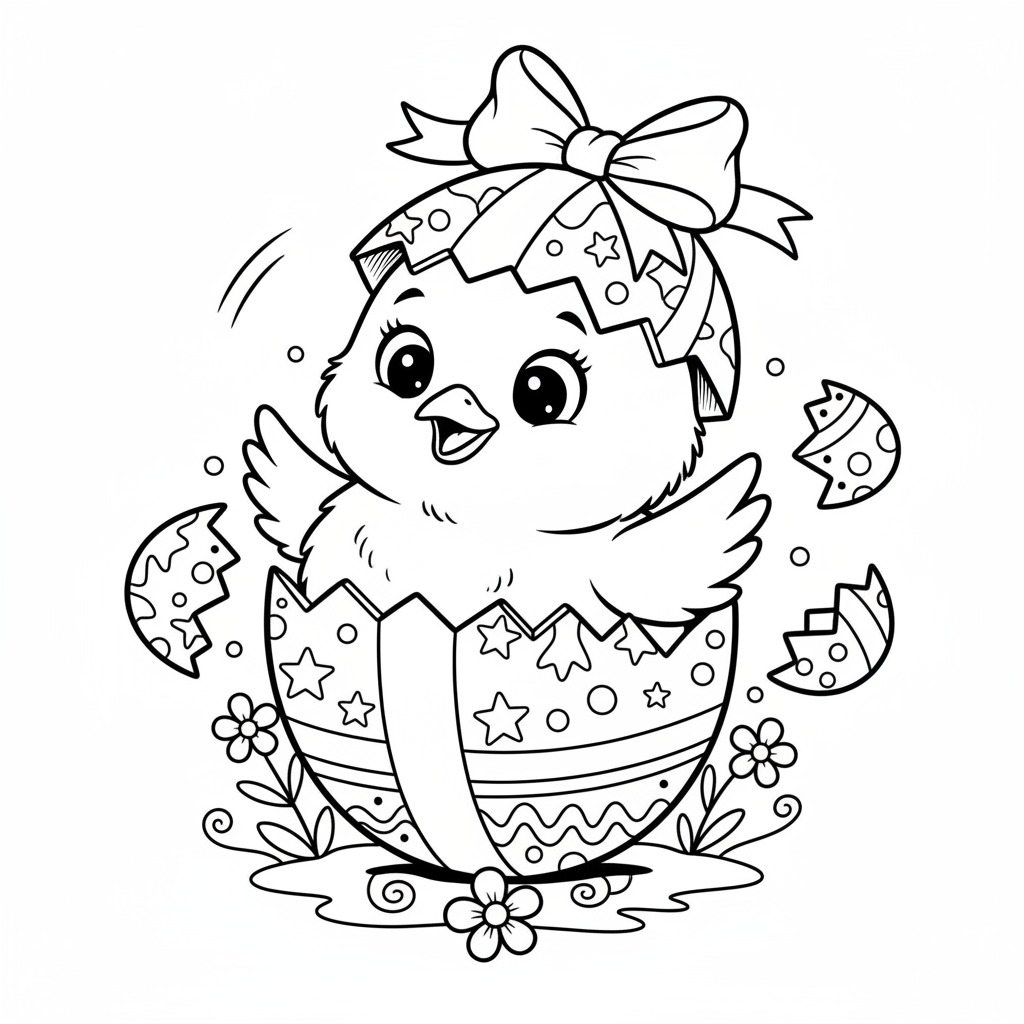 Un poussin de Pâques éclot d'un œuf décoré et coloré, surprise - Coloriage gratuit à imprimer